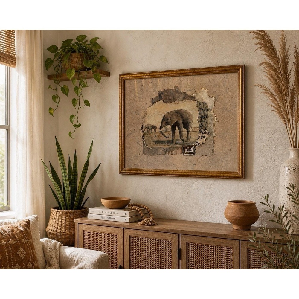 Joyce Combs Elephant‎ Mixed Media Wall Art Safari Framed 22x18 Distressed VTG